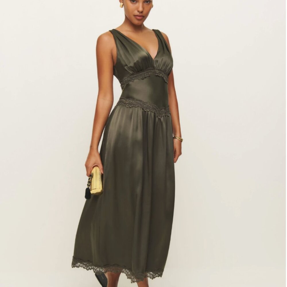 NWT Reformation Stasia Silk Dress Pine Tree 4